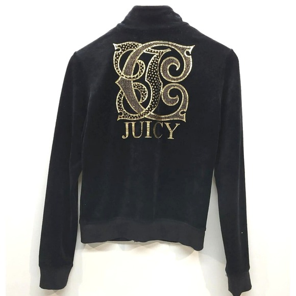 Vintage Juicy Couture Jacket Women M Black Gold Velour Track Full Zip Bling Y2K - Picture 1 of 10